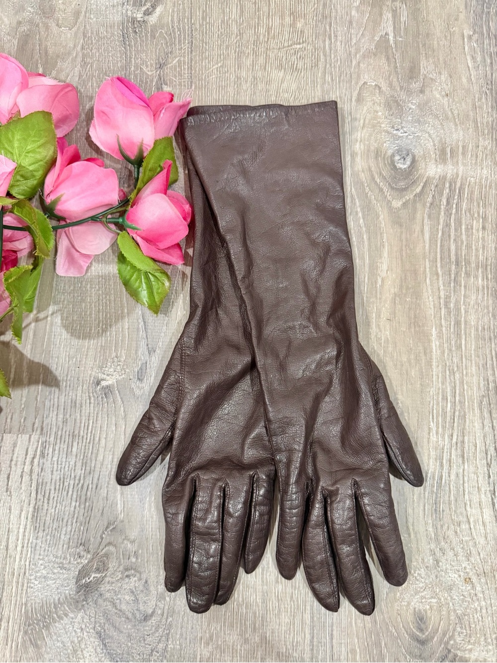 Vintage Real Kid Leather Gloves 14” Chocolate Brown Silk Lined Quiet Luxury
